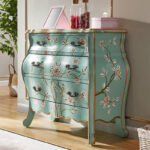 Intricate floral illustration detail on hand-painted wooden storage chest Indonesia