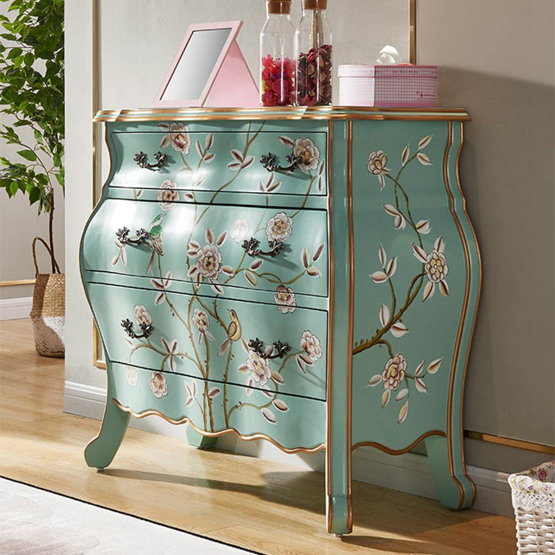 Intricate floral illustration detail on hand-painted wooden storage chest Indonesia