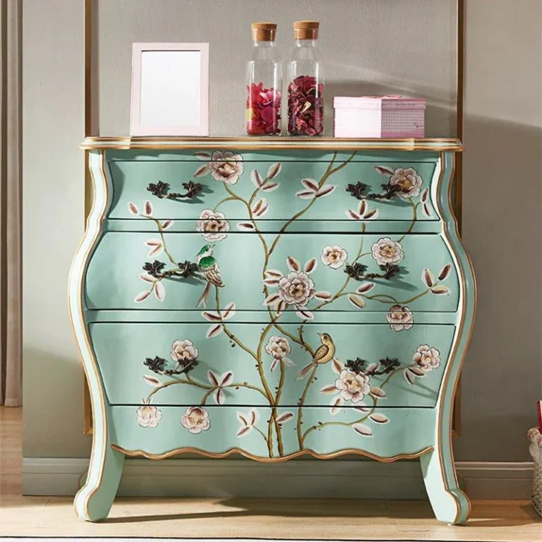 Hand-painted storage chest light blue-green floral classic wood furniture King Furniture
